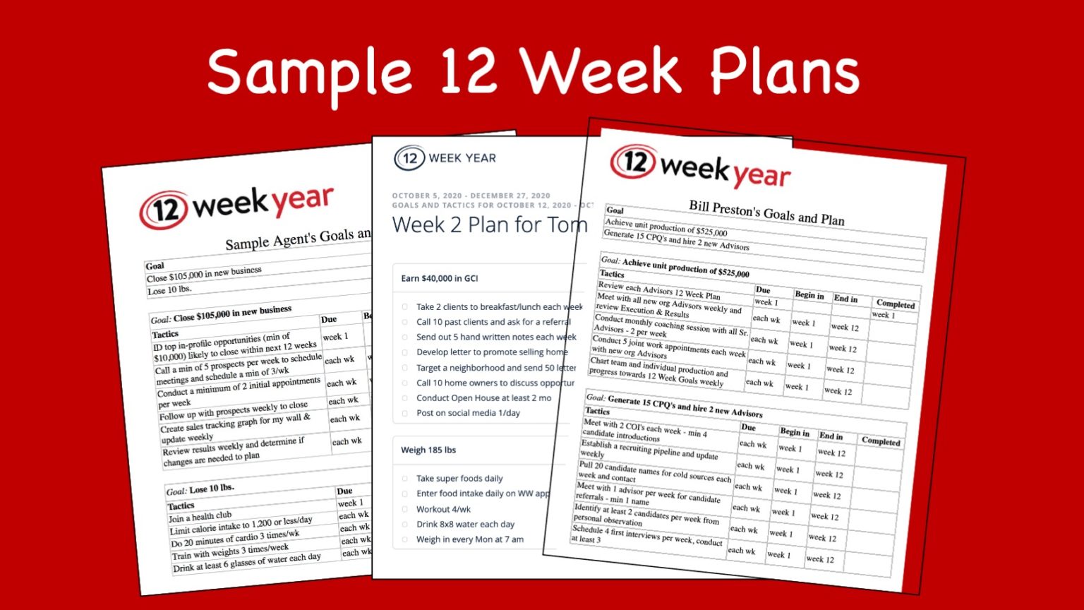 Sample 12 Week Plans The 12 Week Year